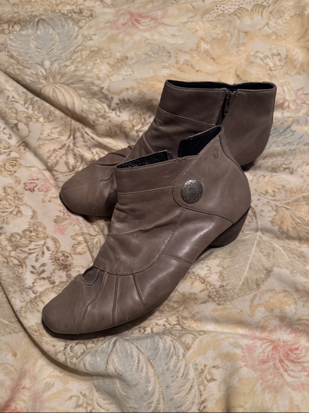 Josef Seibel Taupe Leather Ankle Booties with Decorative Button